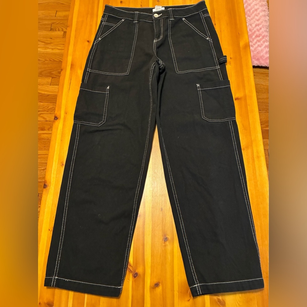 Garage Women's Black Wide Leg Cargo Jeans with White Stitching